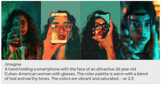 A hand holding a smartphone "with" a woman's face.