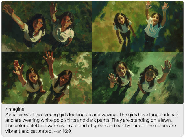 Two girl viewed from above as they look and wave at the sky.
